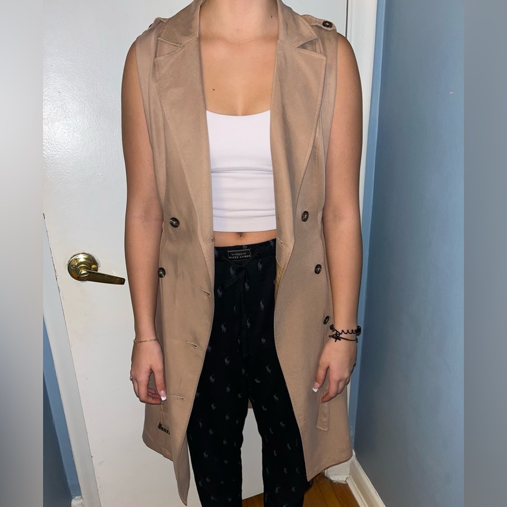 Petite White House Black Market Camel Colour Vest With Belt And Button Detail